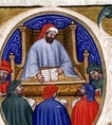 Боэций, наставляющий учеников и Боэций в тюрьме.Миниатюры из Книги I Утешения Философией Боэция (1385, Глазго, Университетская библиотека)