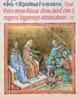 «Кровавое собрание» в Араде, 1131. Миниатюра из Иллюстрированной Хроники. На троне — король Бела II и его жена Илона Сербская.