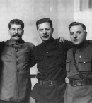 Л.М. Каганович, И.В. Сталин, П.П. Постышев, К.Е.Ворошилов.  Январь 1934 года. РГАКФД.