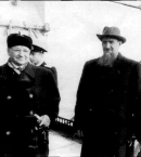 Туполев_9_с И. В. Курчатовым и Н. С. Хрущевым но крейсере Орджоникидзе во время визита в Великобританию, 1956