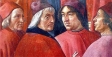 Фичино, Кристофоро Ландино, Полициано и Джованни де Бекки на фреске работы Гирландайо (1485-90)