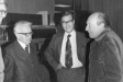 Donald Clayton, Gerhard Herzberg (Ottowa), Heinrich Schatz (Karlruhe), Wolfgang Gentner conversing at a Teekolloquium in Max Planck Institut fuer Kernphysik